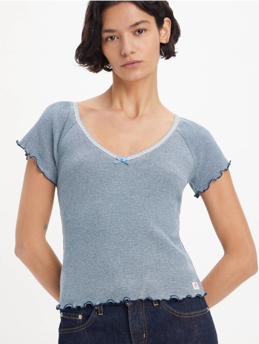 Levi's V-Neck Short Sleeve Top Stripes Bow Lace Size Medium Coastal Cottage